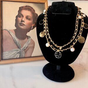 Vintage Corolee Gold Chain Statement Necklace Black Enamel Pearl Charm Runway